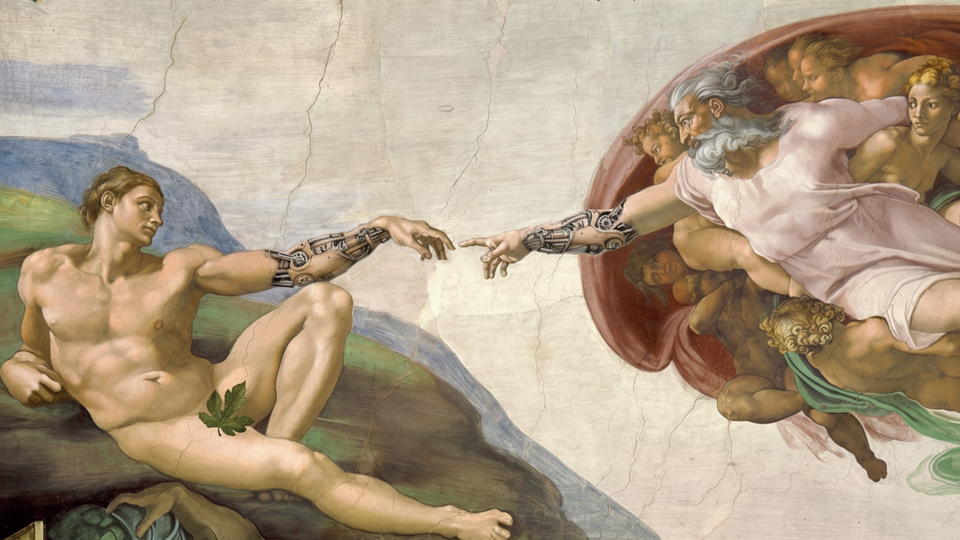 Adam from the reimagined Creation of Adam, reaching toward the mechanical hand of the Creator.